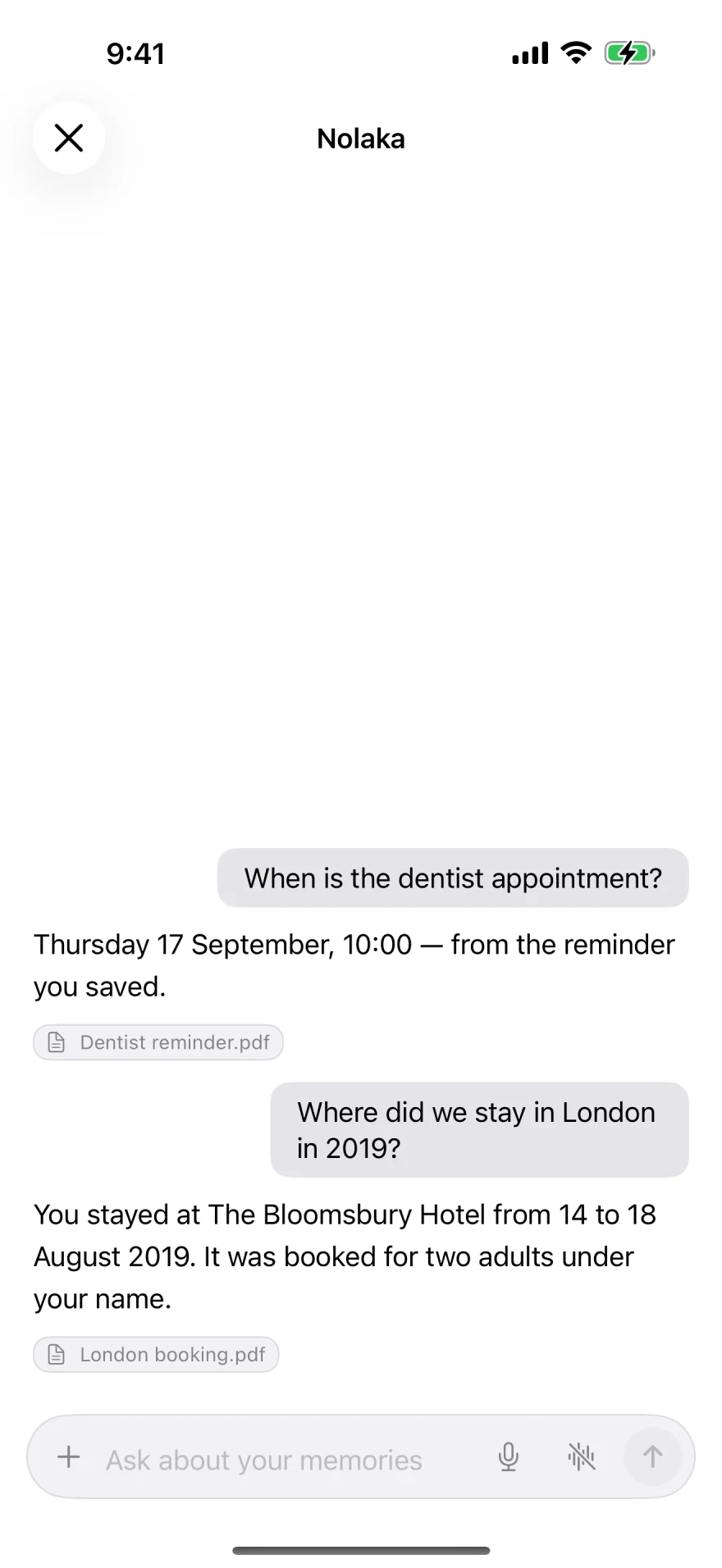 Nolaka answers a question about a previous London trip and cites London booking.pdf.
