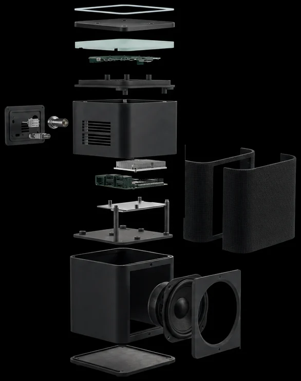 Exploded view of Nolaka Station, showing its seven parts, microphone power switch and knit panels.