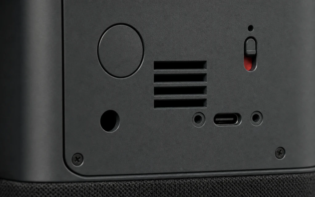 Station’s rear panel, showing the physical microphone switch and USB-C socket.