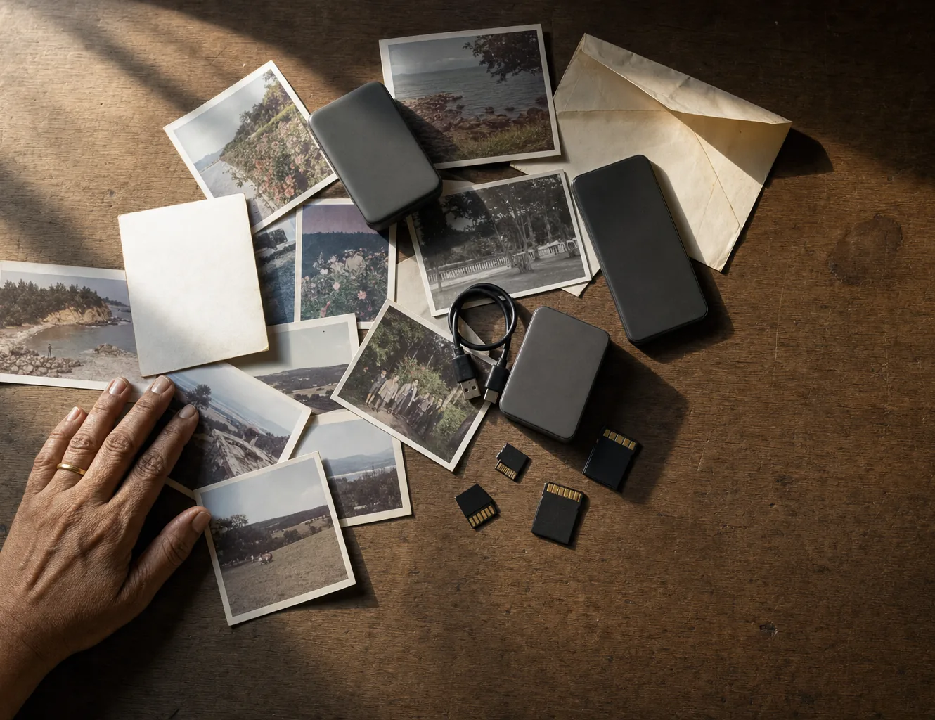 Printed photographs, portable drives, a phone, memory cards and an envelope spread across a wooden table.