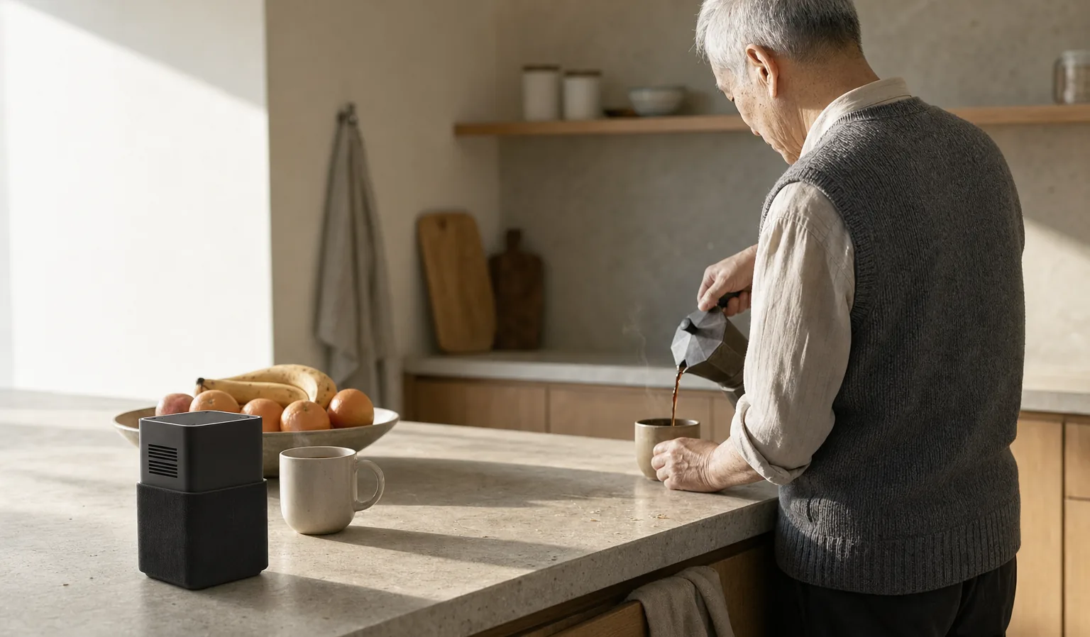 Nolaka Station beside a ceramic cup on a sunlit kitchen counter while a person makes coffee.